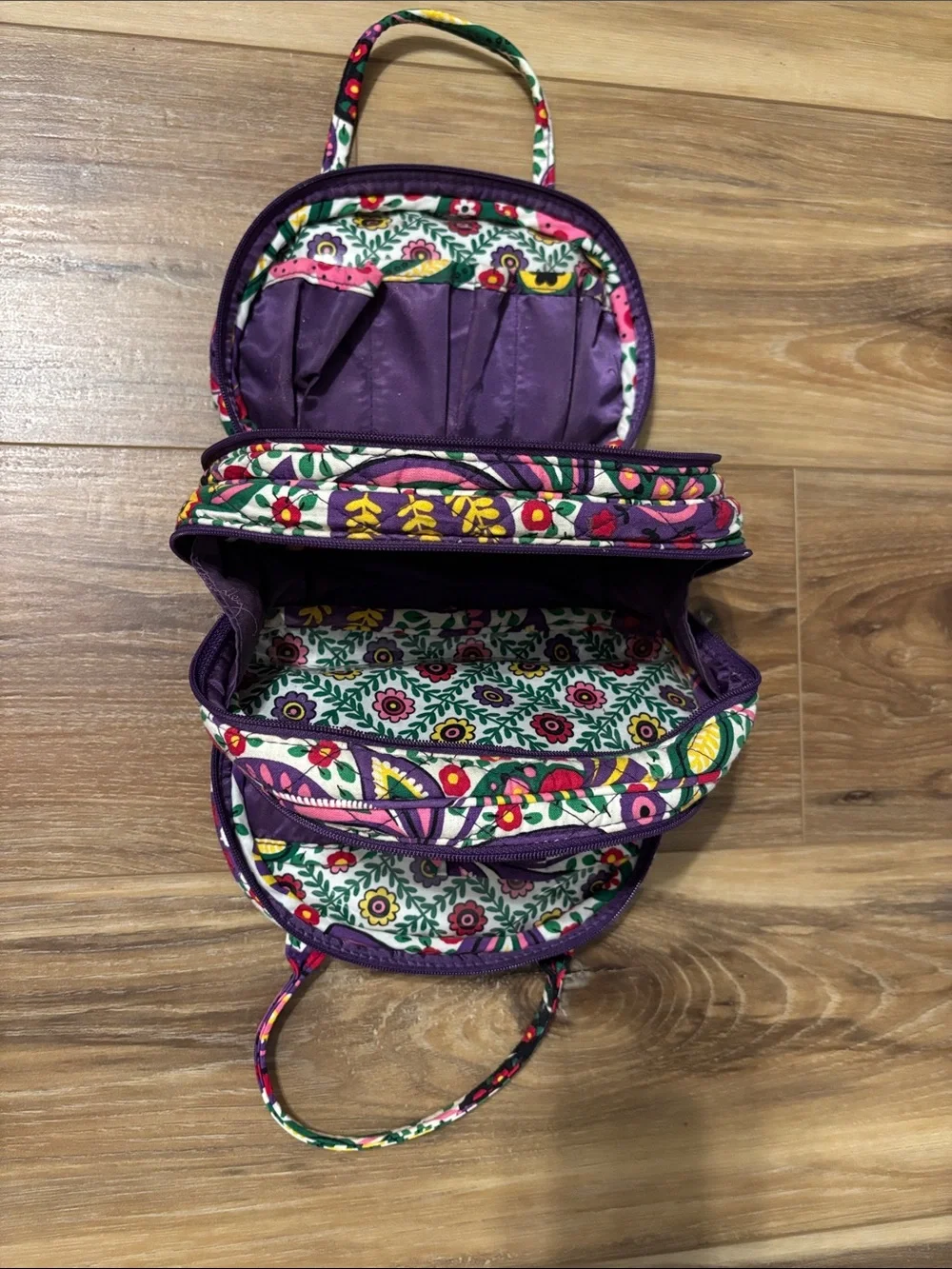 Floral Quilted Multi-Zip Cosmetic Bag - Purple & Green